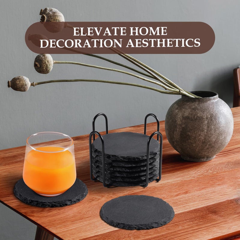 GOH DODD Slate Drink Coasters with Metal Holder, GOH DODD Set of 8 Black Coasters, 4 Inch Stone Coaster Set Tabletop Protection for Home Kitchen Apartment Bar Decor Housewarming Gifts Wedding Party, Round - Image 5